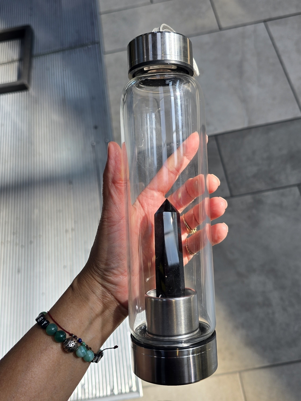 Glass Crystal Infuser Water Bottle with Black Obsidian Pointed